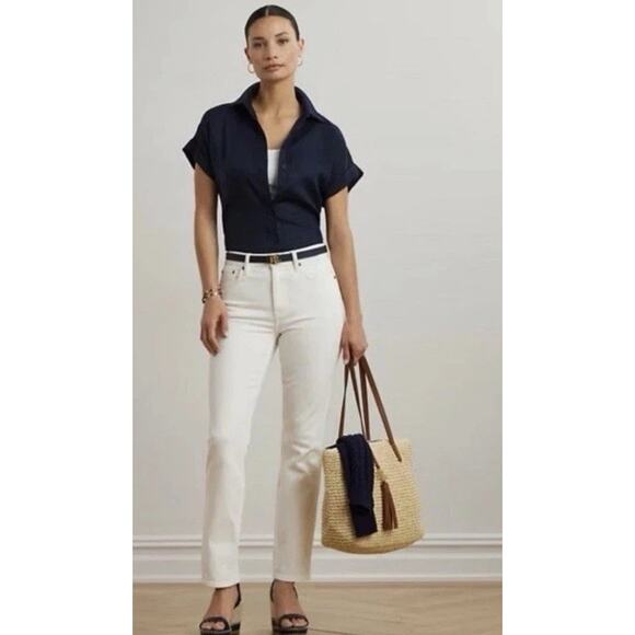 Lauren Ralph Lauren Dolman-Sleeve button down 100% linen shirt navy blue L NWT - Picture 1 of 14
